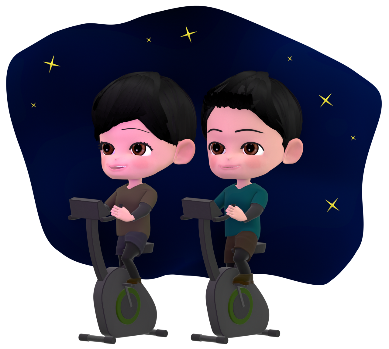 暗闇のフィットネスジムでエアロバイクをするイラスト