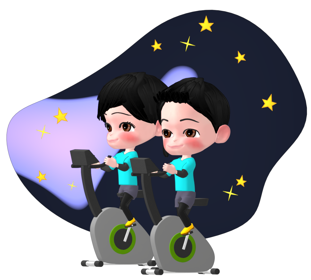 暗闇のフィットネスジムでエアロバイクをするイラスト