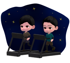 暗闇のフィットネスジムでランニングマシンをするイラスト