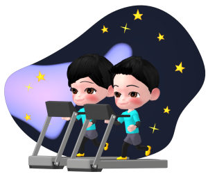 暗闇のフィットネスジムでランニングマシンをするイラスト