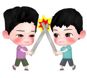 新聞紙でチャンバラごっこをする子供のイラスト