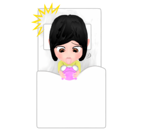 寝坊をして飛び起きる女性のイラスト