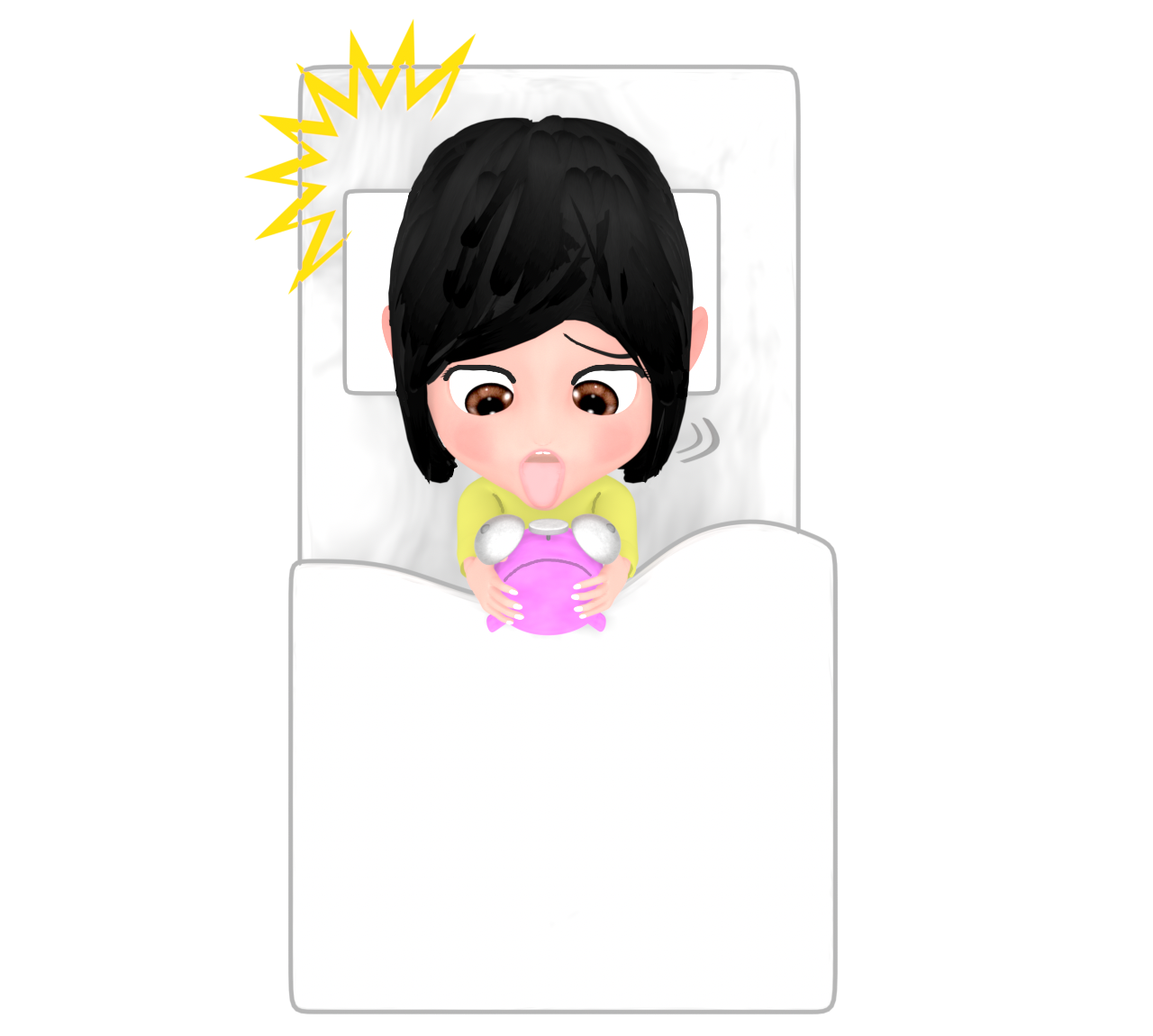 寝坊をして飛び起きる女性のイラスト