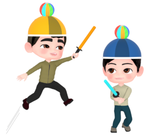 紙風船でチャンバラごっこをする人のイラスト