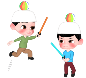 紙風船でチャンバラごっこをする人のイラスト