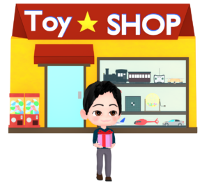 おもちゃ屋でプレゼントを買う人のイラスト