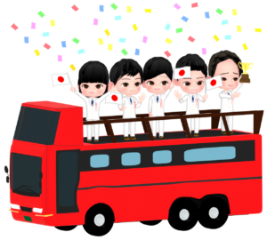 優勝パレードでバスに乗る選手団のイラスト