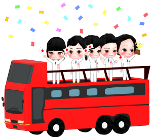 優勝パレードでバスに乗る選手団のイラスト