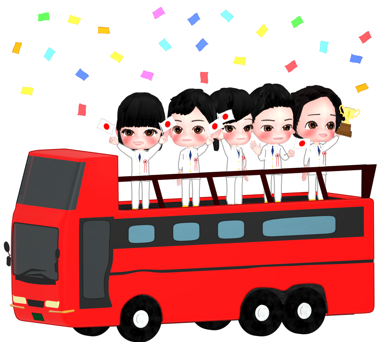 優勝パレードでバスに乗る選手団のイラスト