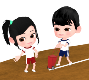 白線のライン引きをする子供のイラスト