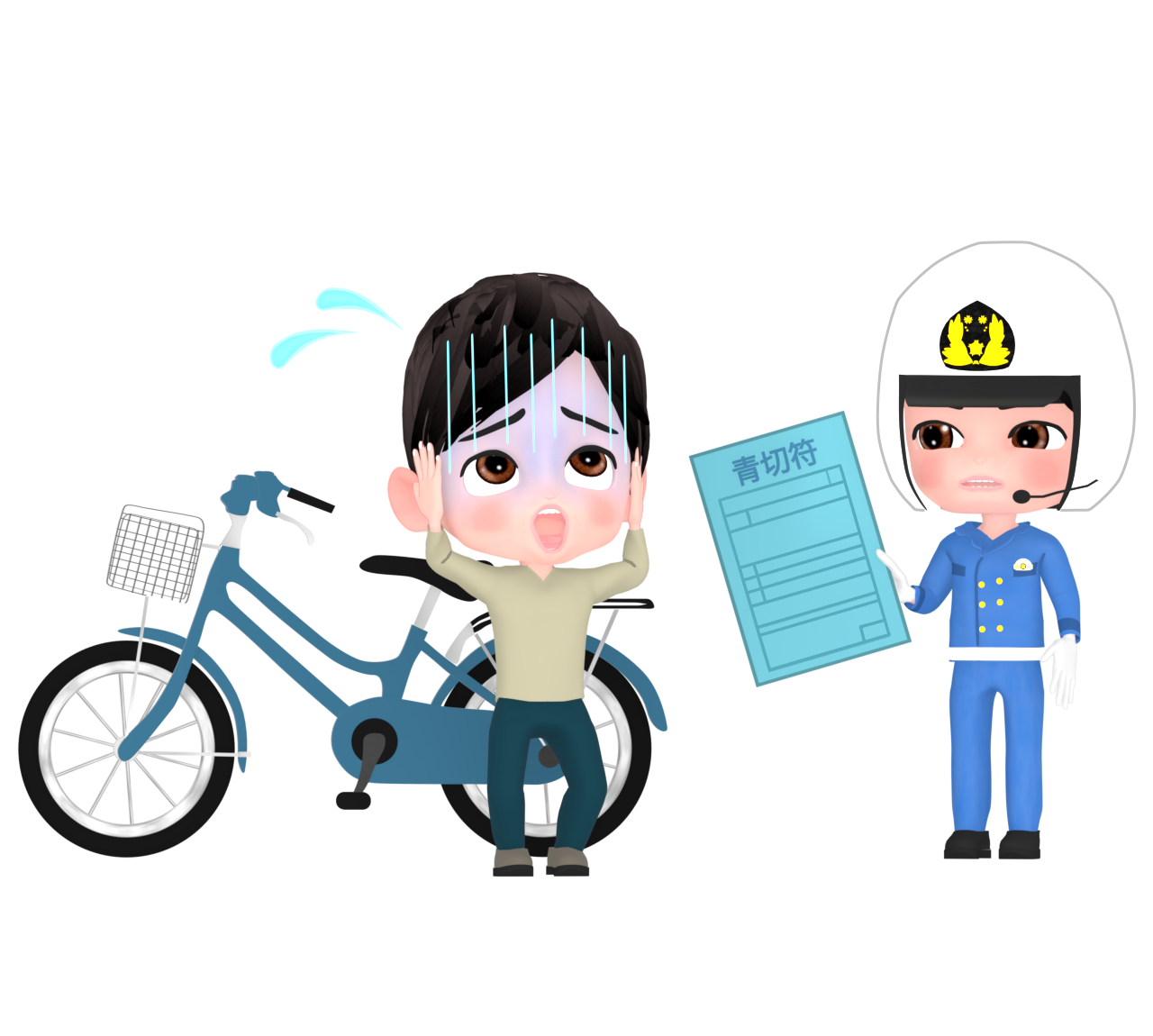 自転車に青切符を渡す警察官のイラスト