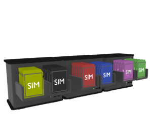 大量のSIMカードが並ぶスマホ農場のイラスト